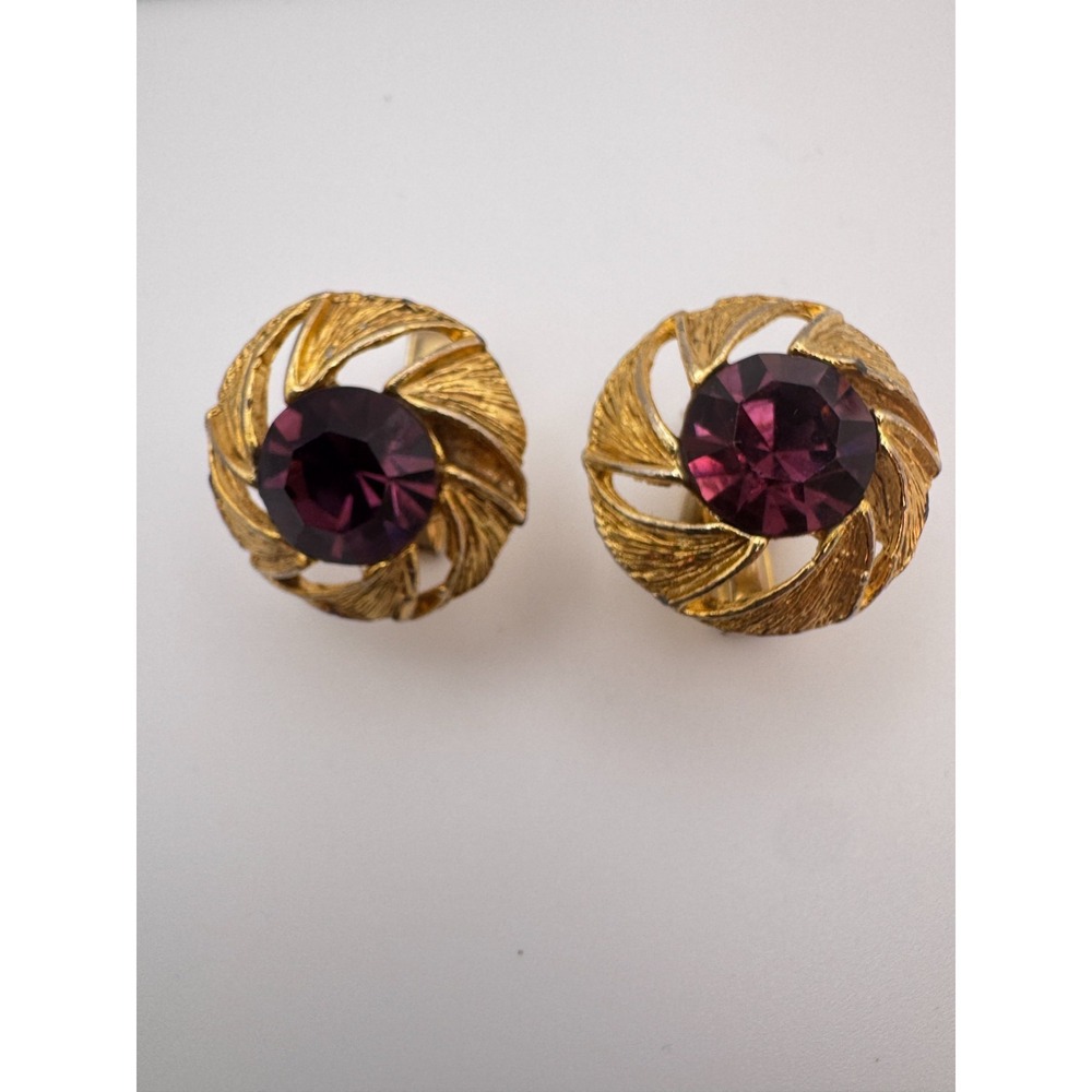 Vintage Brutalist Cufflinks Mid Century Gold Tone Swirl Purple Rhinestone - Picture 2 of 9